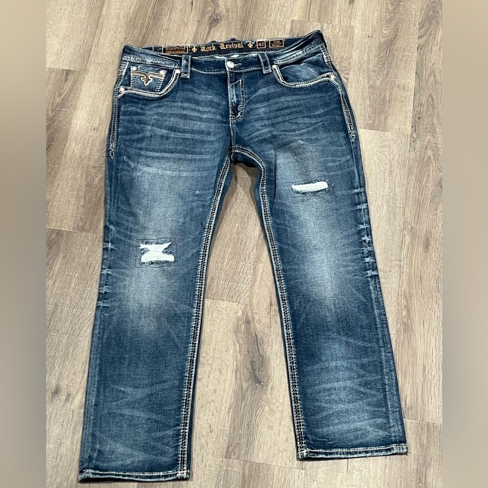 Rock Revival 42W 33L Tripp Straight Fit Distressed Western Cowboy Jeans Premium